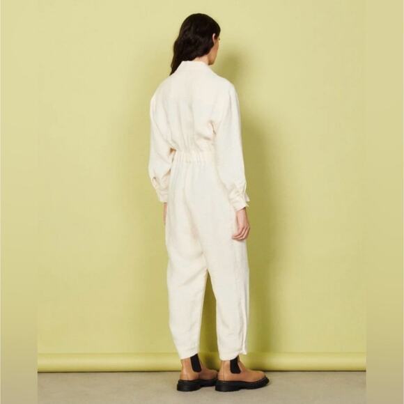 NWT Sandro Long-Sleeve Ivory/Ecru Linen Blend Utility Jumpsuit, size 42 / US 10 - Picture 2 of 16